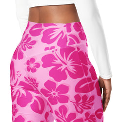 Raspberry Pinks Hawaiian Flowers High Waist Flare Leggings - Extremely Stoked