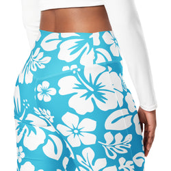 White and Aqua Blue Hawaiian Flowers Flare Leggings - Extremely Stoked