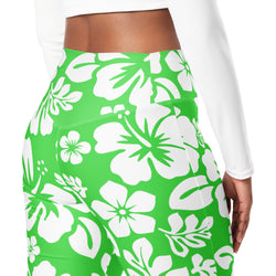 White and Lime Green Hawaiian Flowers Flare Leggings - Extremely Stoked