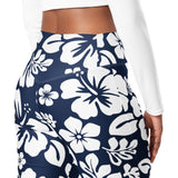 White and Navy Blue Hawaiian Flowers Flare Leggings - Extremely Stoked