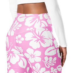 White and Pink Hawaiian Flowers High Waist Flare Leggings - Extremely Stoked