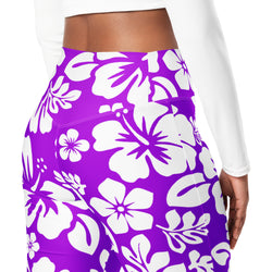 White and Purple Hawaiian Flowers Flare Leggings - Extremely Stoked