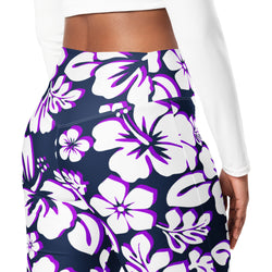 Navy, Purple and White Hawaiian Flowers Flare Leggings - Extremely Stoked