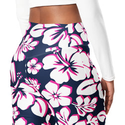 Navy Blue, Hot Pink and White Hawaiian Flowers Flare Leggings - Extremely Stoked