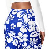 White and Royal Blue Hawaiian Flowers Flare Leggings - Extremely Stoked