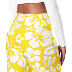 White and Yellow Hawaiian Flowers Flare Leggings - Extremely Stoked