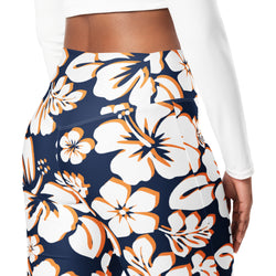 Navy Blue, Orange and White Hawaiian Flowers Flare Leggings - Extremely Stoked