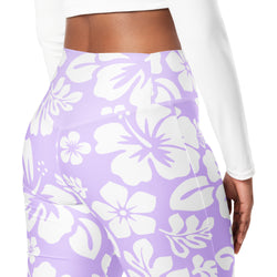 White and Lavender Hawaiian Flowers High Waist Flare Leggings - Extremely Stoked