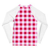 Cherry Red, White and Pink Gingham Kids Rash Guard with White Sleeves
