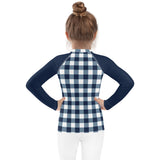 Navy Blue and White Gingham Kids Rash Guard with Navy Blue Sleeves