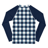 Navy Blue and White Gingham Kids Rash Guard with Navy Blue Sleeves