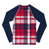 Red, White and Blue Preppy Surfer Plaid Kids Rash Guard with Navy Blue Sleeves