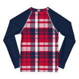 Red, White and Blue Preppy Surfer Plaid Kids Rash Guard with Navy Blue Sleeves