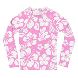 Kids Pink and White Hawaiian Flowers Rash Guard - Extremely Stoked