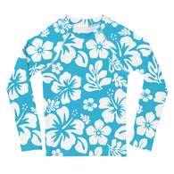 Kids Aqua Blue and White Hawaiian Flowers Rash Guard