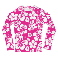 Kids Hot Pink and White Hawaiian Flowers Rash Guard