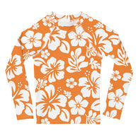 Kids Orange and White Hawaiian Flowers Rash Guard