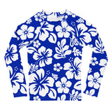 Royal Blue and White Hawaiian Flowers Kids Rash Guard