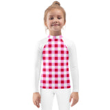 Cherry Red, White and Pink Gingham Kids Rash Guard with White Sleeves