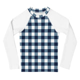 Navy Blue and White Gingham Kids Rash Guard with White Sleeves