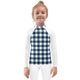 Navy Blue and White Gingham Kids Rash Guard with White Sleeves