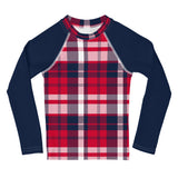 Red, White and Blue Preppy Surfer Plaid Kids Rash Guard with Navy Blue Sleeves