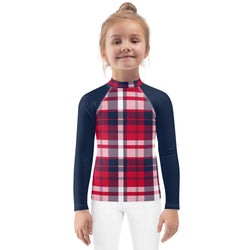 Red, White and Blue Preppy Surfer Plaid Kids Rash Guard with Navy Blue Sleeves