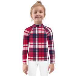 Red, White and Blue Preppy Surfer Plaid Kids Rash Guard