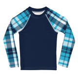 Navy Blue with Ocean Blues Preppy Surfer Plaid Sleeves Kids Rash Guard