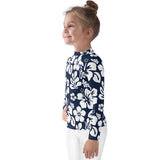 Kids Navy Blue and White Hawaiian Flowers Rash Guard - Extremely Stoked