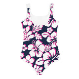 Navy Blue, Hot Pink and White Hawaiian Flowers Kids Swimsuit - Extremely Stoked