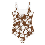 Brown and White Hawaiian Flowers Kids Swimsuit - Extremely Stoked