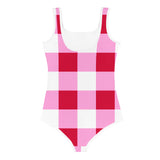 Cherry Red, White and Pink Big Gingham Check Kids Swimsuit