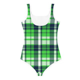 Lime Green and Navy Blue Preppy Surfer Girl Plaid Kids Swimsuit