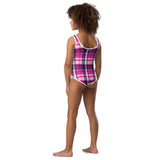 Hot Pink and Navy Blue Preppy Surfer Girl Plaid Kids Swimsuit