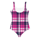 Hot Pink and Navy Blue Preppy Surfer Girl Plaid Kids Swimsuit