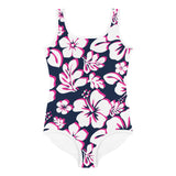 Navy Blue, Hot Pink and White Hawaiian Flowers Kids Swimsuit - Extremely Stoked