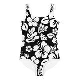 Black and White Hawaiian Flowers Kids Swimsuit - Extremely Stoked