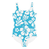 Aqua Ocean Blue and White Hawaiian Flowers Kids Swimsuit - Extremely Stoked