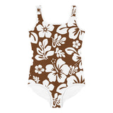 Brown and White Hawaiian Flowers Kids Swimsuit - Extremely Stoked