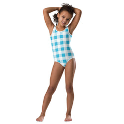 Aqua Blue and White Preppy Girl Gingham Kids Swimsuit