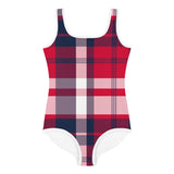Red, White and Navy Blue Preppy Surfer Girl Plaid Kids Swimsuit