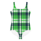 Lime Green and Navy Blue Preppy Surfer Girl Plaid Kids Swimsuit