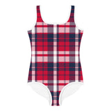 Red, White and Navy Blue Preppy Surfer Girl Plaid Kids Swimsuit