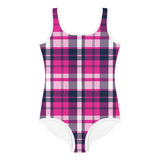 Hot Pink and Navy Blue Preppy Surfer Girl Plaid Kids Swimsuit