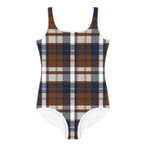 Navy Blue and Brown Surfer Girl Plaid Kids Swimsuit