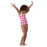 Cherry Red, White and Pink  Gingham Kids Swimsuit