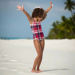 Red, White and Navy Blue Preppy Surfer Girl Plaid Kids Swimsuit