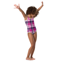 Hot Pink and Navy Blue Preppy Surfer Girl Plaid Kids Swimsuit