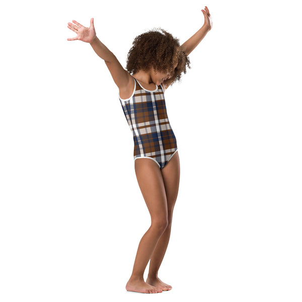 Navy Blue and Brown Plaid Little Girls One-Piece Swimsuit – Eco Swimwear by Extremely Stoked®